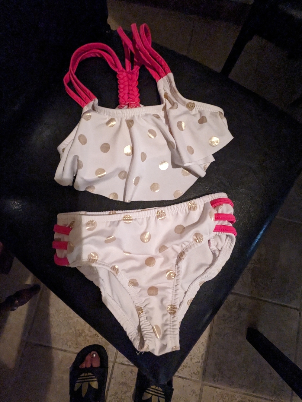 Girls White and Gold Polka Dot Two-Piece Swimsuit with Pink Straps